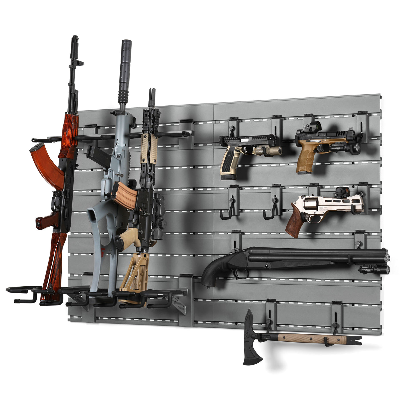 Wall Rack System - 10 Panels w/ 6 Rifle & 12 Pistol Hooks - Gray