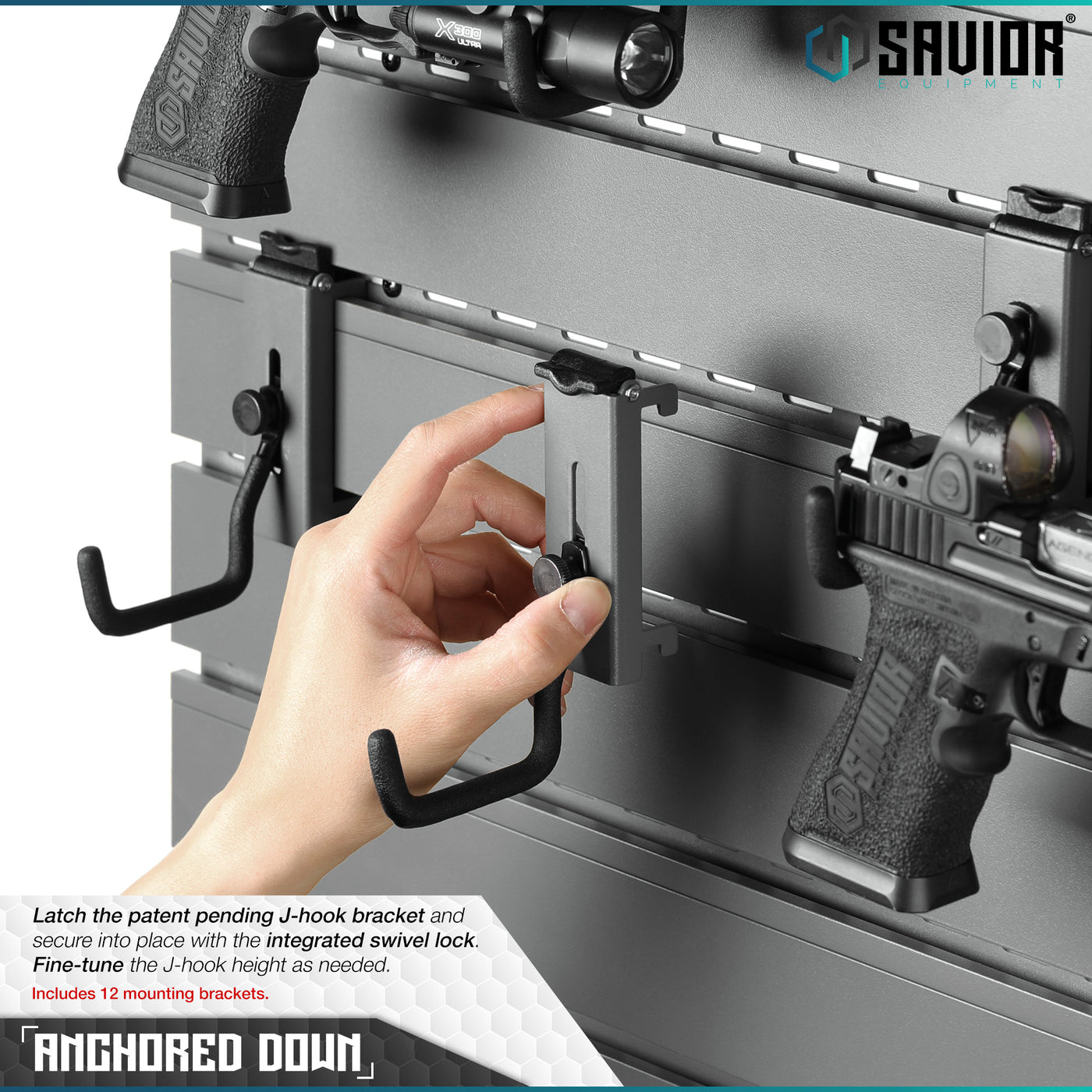 Anchored Down - Latch the patent pending J-hook bracket and secure into place with the integrated swivel lock. Fine-tune the J-hook height as needed. Includes 6 or 12 mounting brackets.