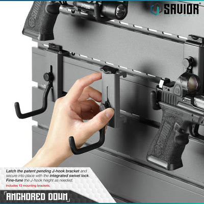 Anchored Down - Latch the patent pending J-hook bracket and secure into place with the integrated swivel lock. Fine-tune the J-hook height as needed. Includes 6 or 12 mounting brackets.