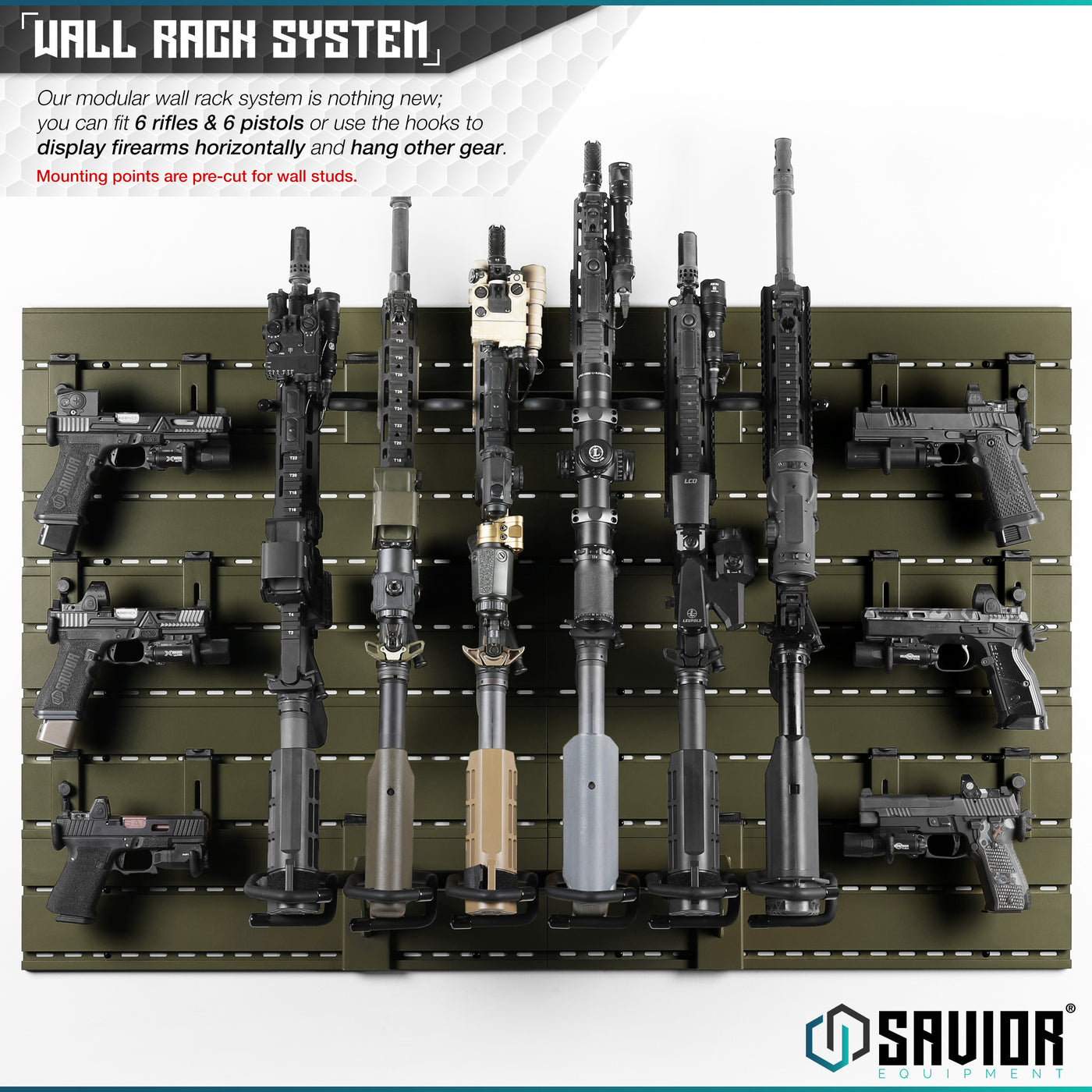 Wall Rack System - Our modular wall rack system is nothing new; you can fit up to 6 rifles & 6 pistols or use the hooks to display firearms horizontally and hang other gear. Mounting points are pre-cut for wall studs.
