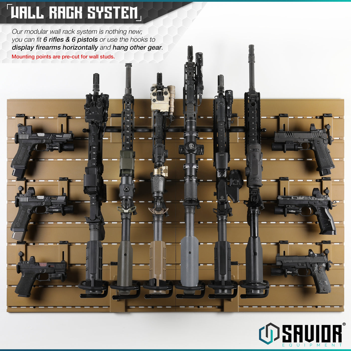 Wall Rack System - Our modular wall rack system is nothing new; you can fit up to 3 or 6 rifles & 3 or 6 pistols or use the hooks to display firearms horizontally and hang other gear. Mounting points are pre-cut for wall studs.
