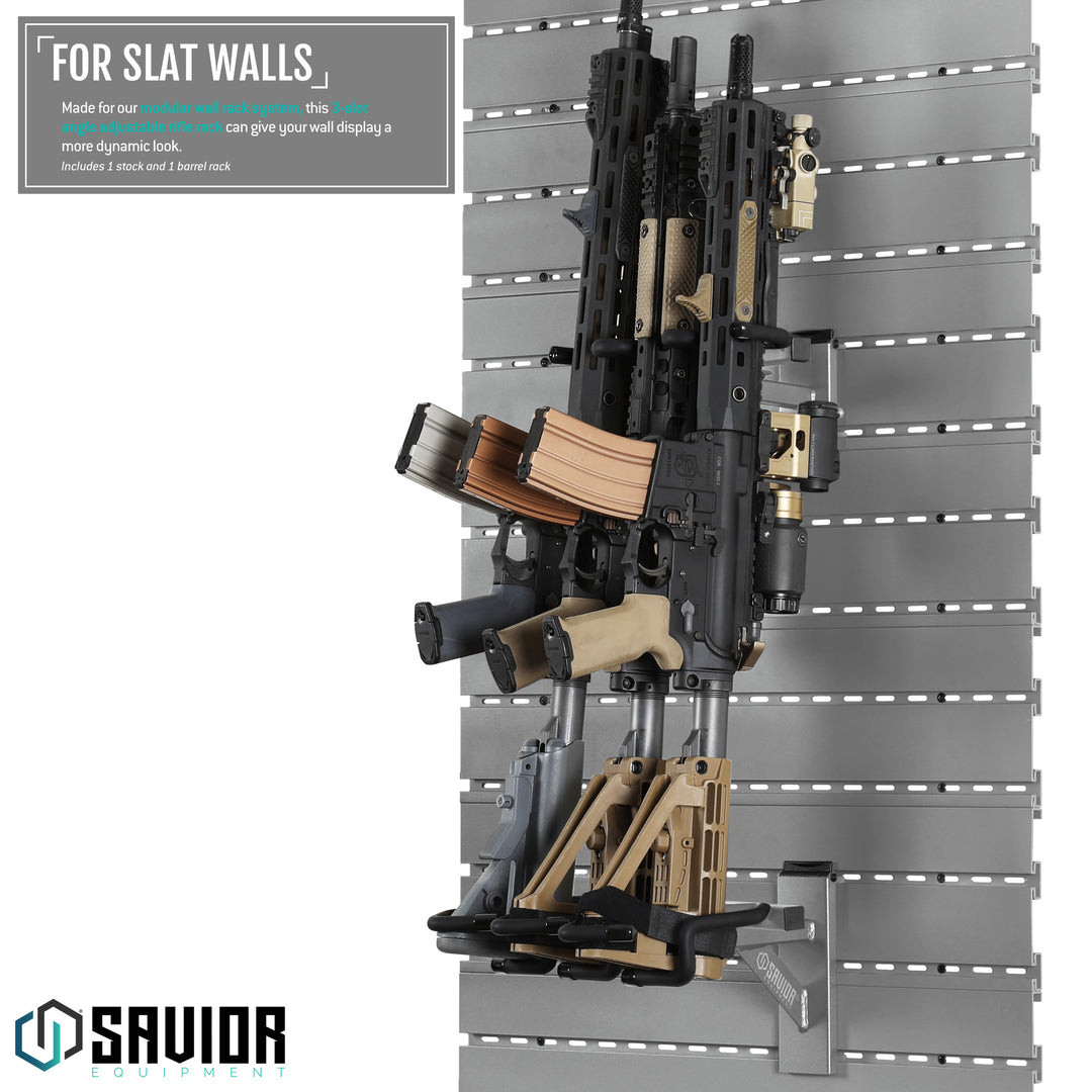 For Slat Walls - Made for our modular wall rack system, this 3-slot angle adjustable rifle rack can give your wall display a more dynamic look. Includes 1 stock and 1 barrel rack.#color_sw-gray