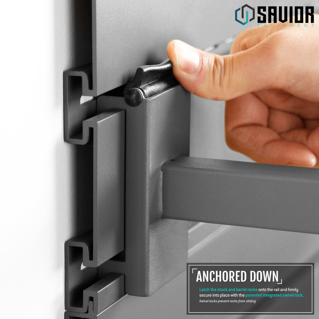 Anchored Down - Latch the stock and barrel rack onto the rail and firmly secure into place with the patent pending integrated swivel lock. Swivel locks prevent racks from sliding.#color_sw-gray
