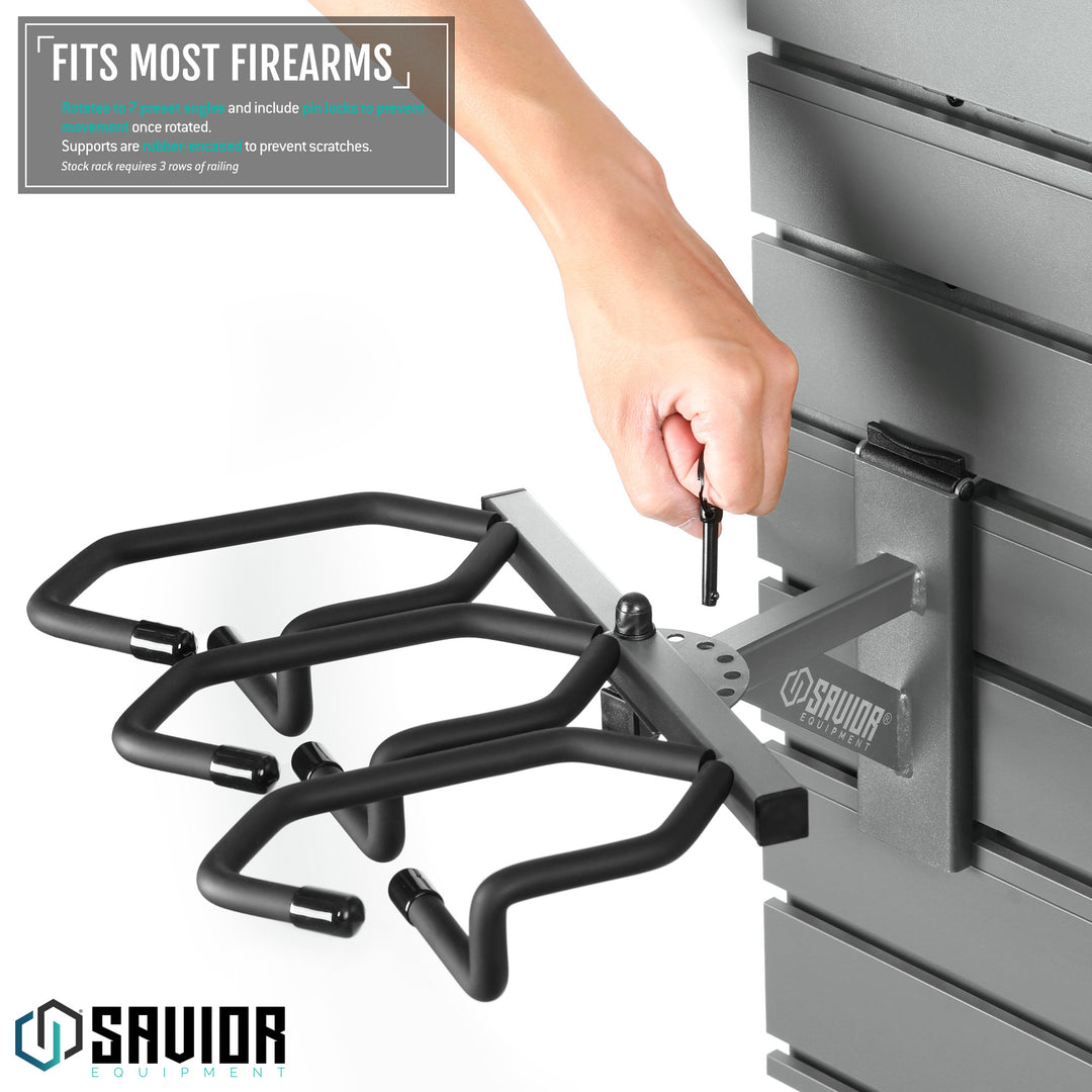 Fits Most Firearms - Rotates to 7 preset angles and include pin locks to prevent movement once rotated. Supports are rubber-encased to prevent scratches. Stock rack requires 3 rows of railing.#color_sw-gray