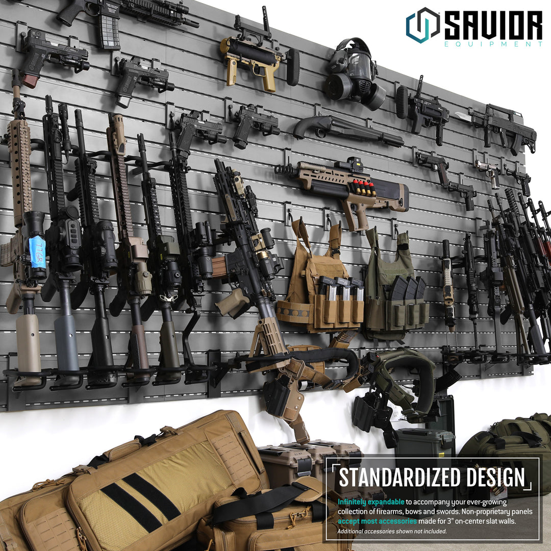 Standardized Design - Infinitely expandable to accompany your ever-growing collection of firearms, bows and swords. Non-proprietary panels accept all accessories made for 3" on-center slat walls. Additional accessories shown not included.#color_sw-gray