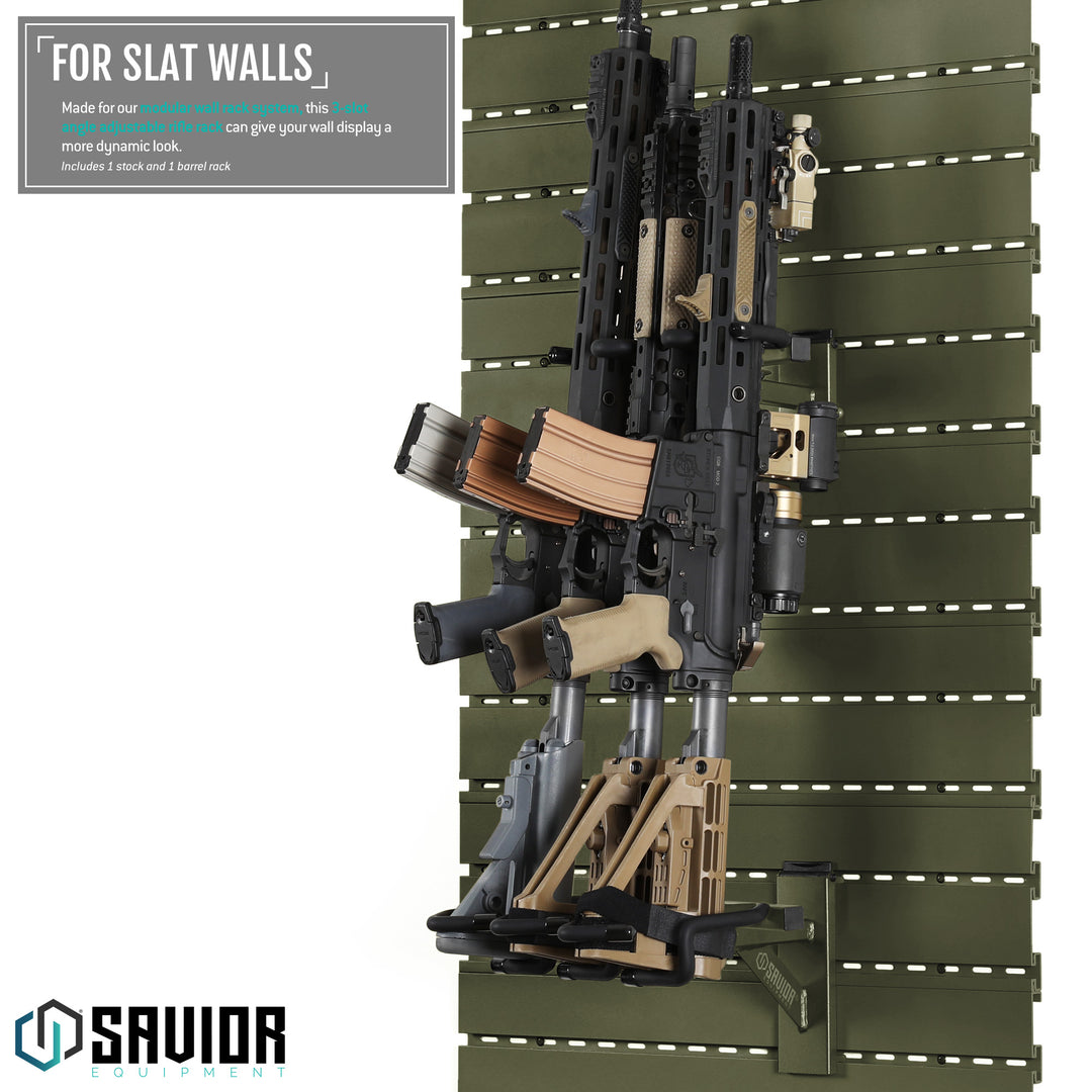 For Slat Walls - Made for our modular wall rack system, this 3-slot angle adjustable rifle rack can give your wall display a more dynamic look. Includes 1 stock and 1 barrel rack.#color_od-green