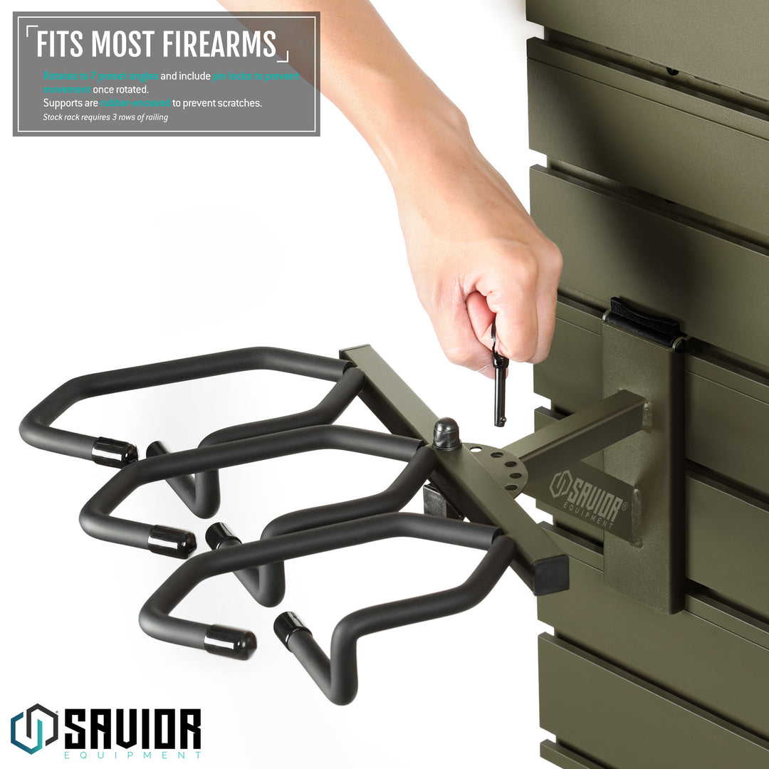 Fits Most Firearms - Rotates to 7 preset angles and include pin locks to prevent movement once rotated. Supports are rubber-encased to prevent scratches. Stock rack requires 3 rows of railing.#color_od-green