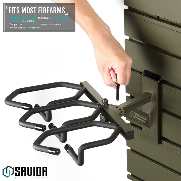 Fits Most Firearms - Rotates to 7 preset angles and include pin locks to prevent movement once rotated. Supports are rubber-encased to prevent scratches. Stock rack requires 3 rows of railing.#color_od-green