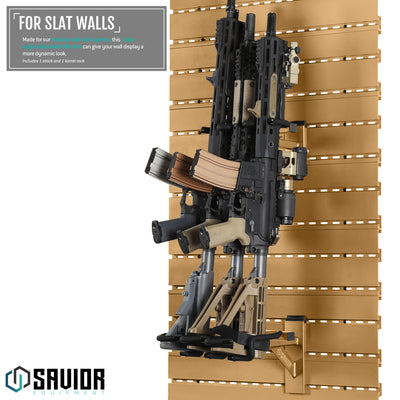 For Slat Walls - Made for our modular wall rack system, this 3-slot angle adjustable rifle rack can give your wall display a more dynamic look. Includes 1 stock and 1 barrel rack.#color_ral-8000-tan
