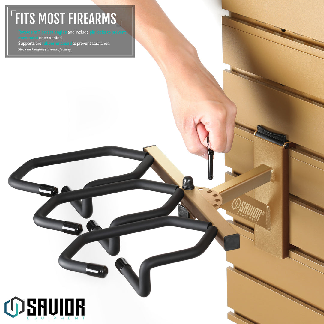 Fits Most Firearms - Rotates to 7 preset angles and include pin locks to prevent movement once rotated. Supports are rubber-encased to prevent scratches. Stock rack requires 3 rows of railing.#color_ral-8000-tan