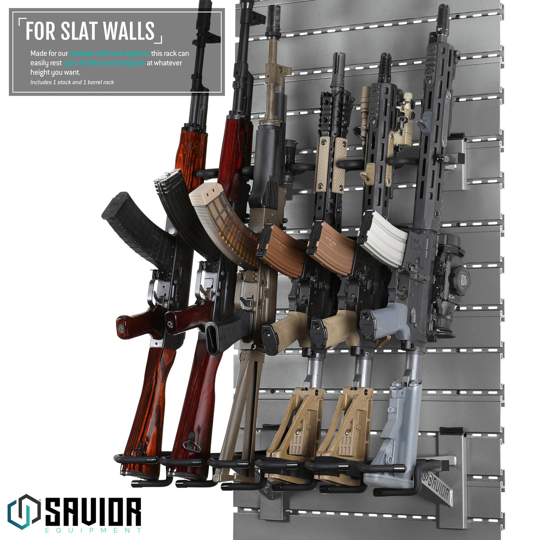 For Slat Walls - Made for our modular wall rack system, this rack can easily rest up to 6 rifles and shotguns at whatever height you want. Includes 1 stock and 1 barrel rack.#color_sw-gray