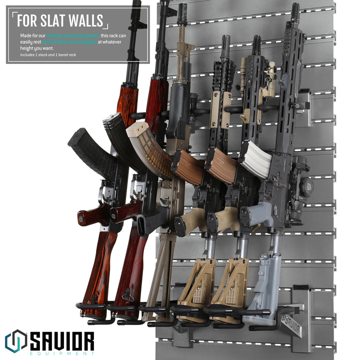 For Slat Walls - Made for our modular wall rack system, this rack can easily rest up to 6 rifles and shotguns at whatever height you want. Includes 1 stock and 1 barrel rack.#color_sw-gray