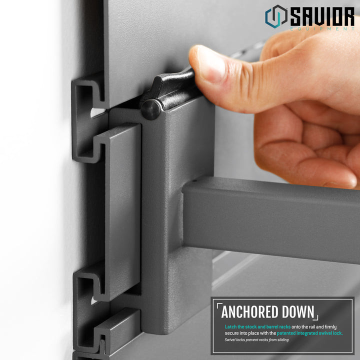 Anchored Down - Latch the stock and barrel rack onto the rail and firmly secure into place with the patent pending integrated swivel lock. Swivel locks prevent racks from sliding.#color_sw-gray