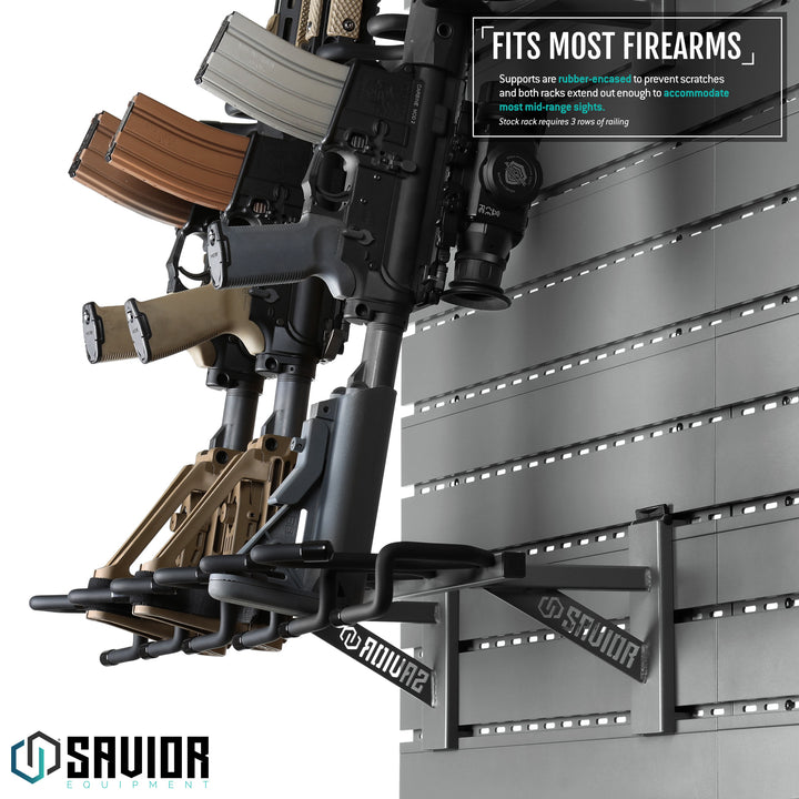 Fits Most Firearms - Supports are rubber-encased to prevent scratches and both racks extend out enough to accomodate most mid-range sights. Stock rack requires 3 rows of railing.#color_sw-gray