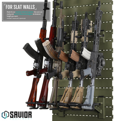For Slat Walls - Made for our modular wall rack system, this rack can easily rest up to 6 rifles and shotguns at whatever height you want. Includes 1 stock and 1 barrel rack.#color_od-green