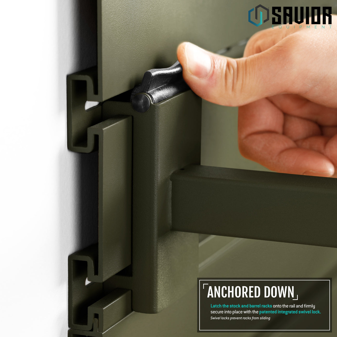 Anchored Down - Latch the stock and barrel rack onto the rail and firmly secure into place with the patent pending integrated swivel lock. Swivel locks prevent racks from sliding.#color_od-green