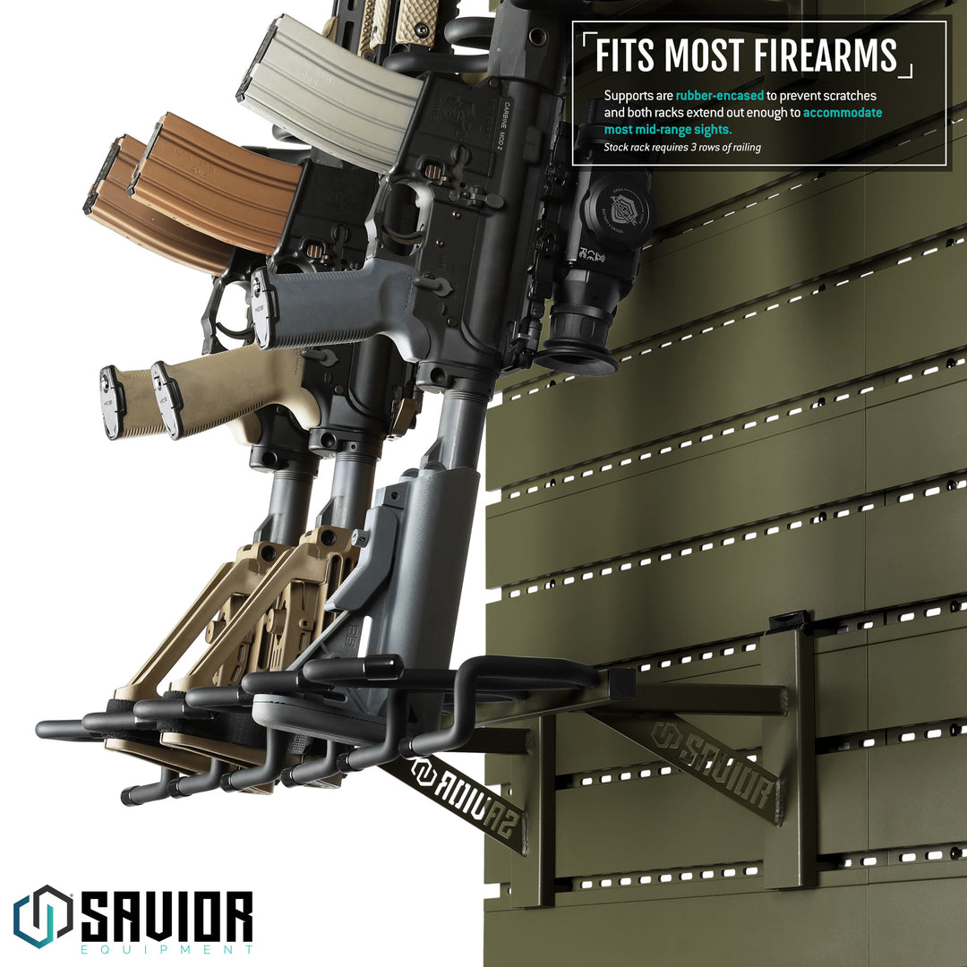 Fits Most Firearms - Supports are rubber-encased to prevent scratches and both racks extend out enough to accomodate most mid-range sights. Stock rack requires 3 rows of railing.#color_od-green