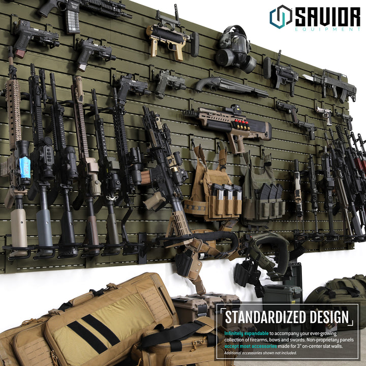 Standardized Design - Infinitely expandable to accompany your ever-growing collection of firearms, bows and swords. Non-proprietary panels accept all accessories made for 3" on-center slat walls. Additional accessories shown not included.#color_od-green