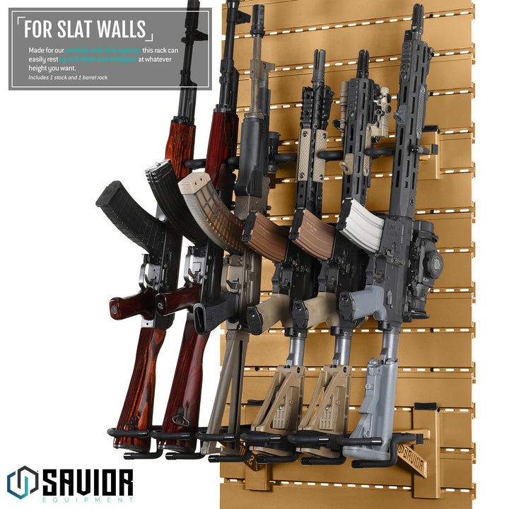 For Slat Walls - Made for our modular wall rack system, this rack can easily rest up to 6 rifles and shotguns at whatever height you want. Includes 1 stock and 1 barrel rack.#color_ral-8000-tan
