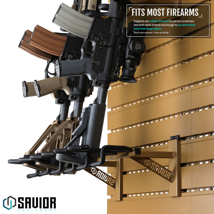Fits Most Firearms - Supports are rubber-encased to prevent scratches and both racks extend out enough to accomodate most mid-range sights. Stock rack requires 3 rows of railing.#color_ral-8000-tan