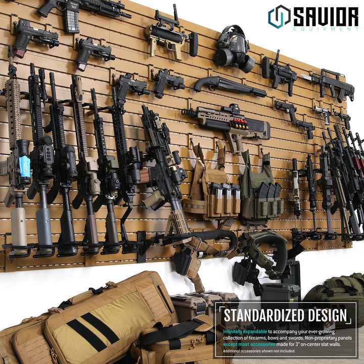 Standardized Design - Infinitely expandable to accompany your ever-growing collection of firearms, bows and swords. Non-proprietary panels accept all accessories made for 3" on-center slat walls. Additional accessories shown not included.#color_ral-8000-tan
