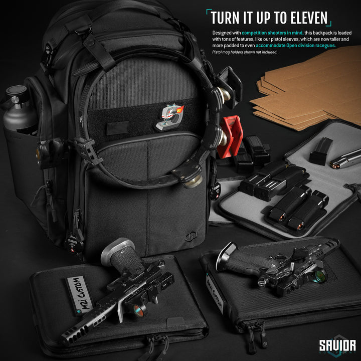 Designed with competition shooters in mind, this backpack is loaded with tons of features, like our pistol sleeves, which are now taller and more padded to even accommodate Open division raceguns.#color_obsidian-black