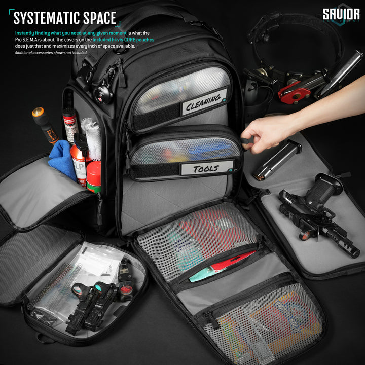 Front pouches - Instantly finding what you need at any given moment is what the Pro S.E.M.A is about. The covers on the included hi-vis CORE pouches does just that and maximizes every inch of space available.#color_obsidian-black