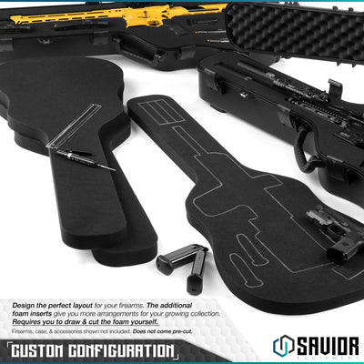 Custom Configuration - Design the perfect layout for your firearms. The additional foam inserts give you more arrangements for your growing collections. It requires you to draw & cut the foam yourself. Firearms, case, & accessories shown not included. Does not come pre-cut.