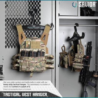 Tactical Vest Hanger - Get your plate carriers and battle belts in order with our heavy duty hanger. Fits seamlessly in a locker or closet and comes in a pack of 2. Firearms & accessories shown not included.