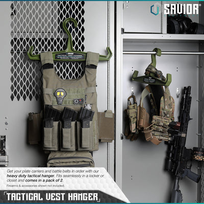 Tactical Vest Hanger - Get your plate carriers and battle belts in order with our heavy duty hanger. Fits seamlessly in a locker or closet and comes in a pack of 2. Firearms & accessories shown not included.