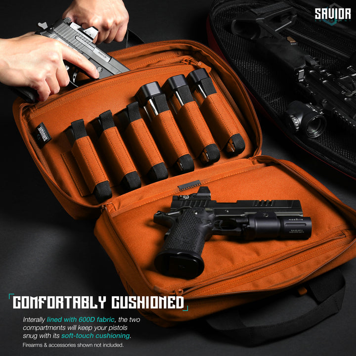 Comfortably Designed - Internally lined with 600D fabric, the two compartments will keep your pistols snug with its soft-touch cushioning. Firearms & accessories shown not included.#color_hunter-orange