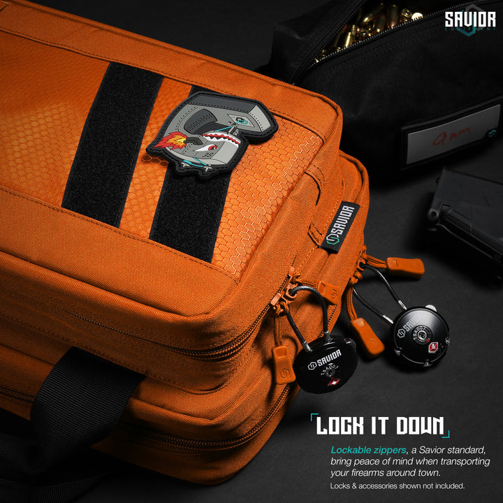 Lock It Down - Lockable zippers, a Savior standard, bring peace of mind when transporting your firearms around town. Firearms & accessories shown not included.#color_hunter-orange