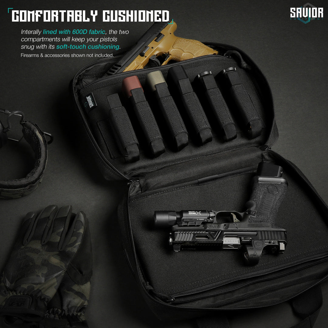 Comfortably Designed - Internally lined with 600D fabric, the two compartments will keep your pistols snug with its soft-touch cushioning. Firearms & accessories shown not included.#color_obsidian-black
