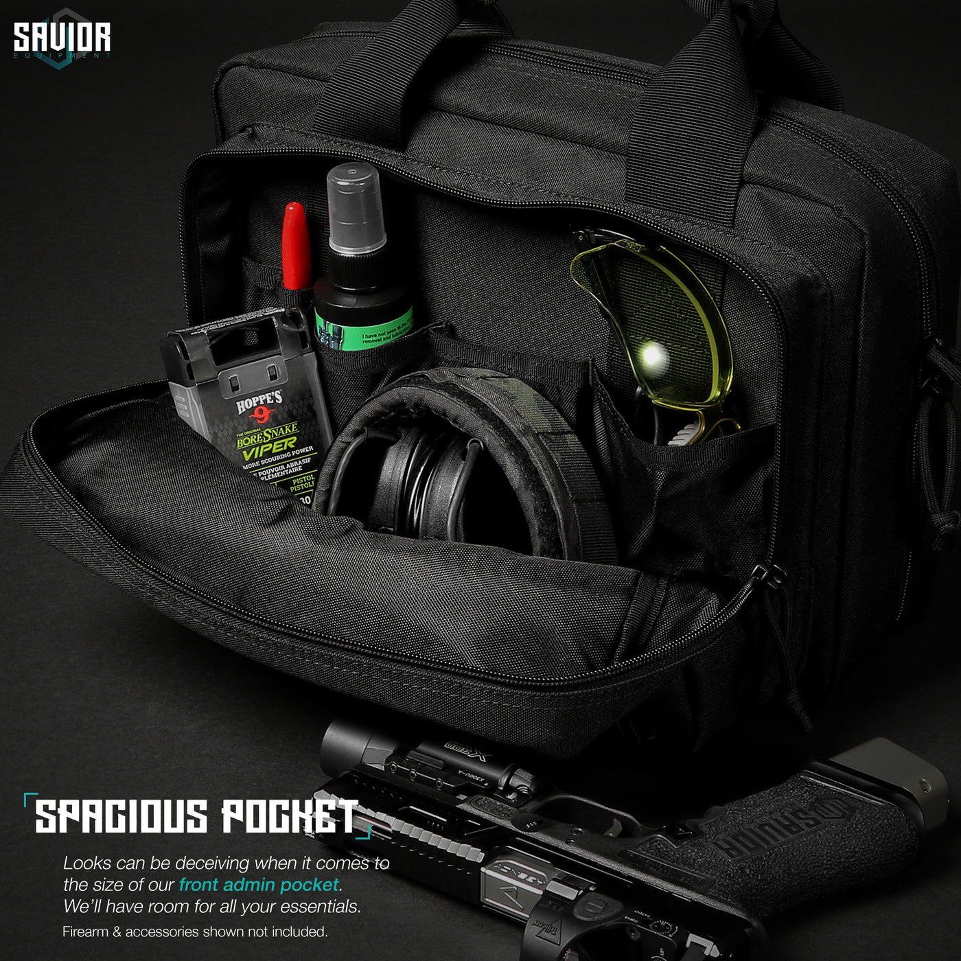 Spacious Pocket - Looks can be deceiving when it comes to the size of our front admin pocket. We'll have room for all your essentials. Firearms & accessories shown not included.#color_obsidian-black