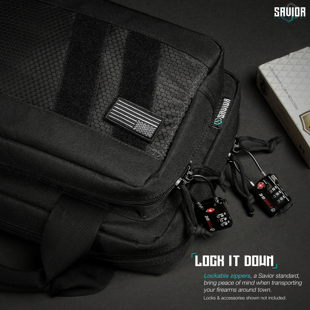 Lock It Down - Lockable zippers, a Savior standard, bring peace of mind when transporting your firearms around town. Firearms & accessories shown not included.#color_obsidian-black