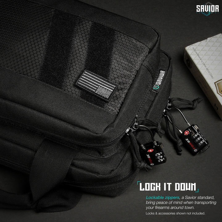 Lock It Down - Lockable zippers, a Savior standard, bring peace of mind when transporting your firearms around town. Firearms & accessories shown not included.#color_obsidian-black