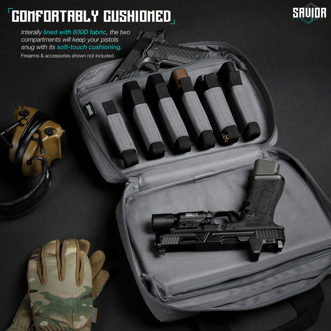 Comfortably Designed - Internally lined with 600D fabric, the two compartments will keep your pistols snug with its soft-touch cushioning. Firearms & accessories shown not included.#color_sw-gray
