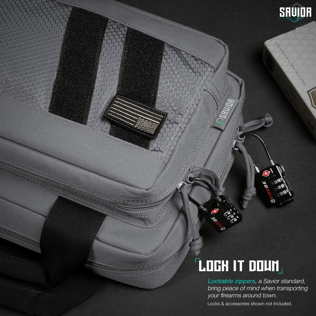 Lock It Down - Lockable zippers, a Savior standard, bring peace of mind when transporting your firearms around town. Firearms & accessories shown not included.#color_sw-gray