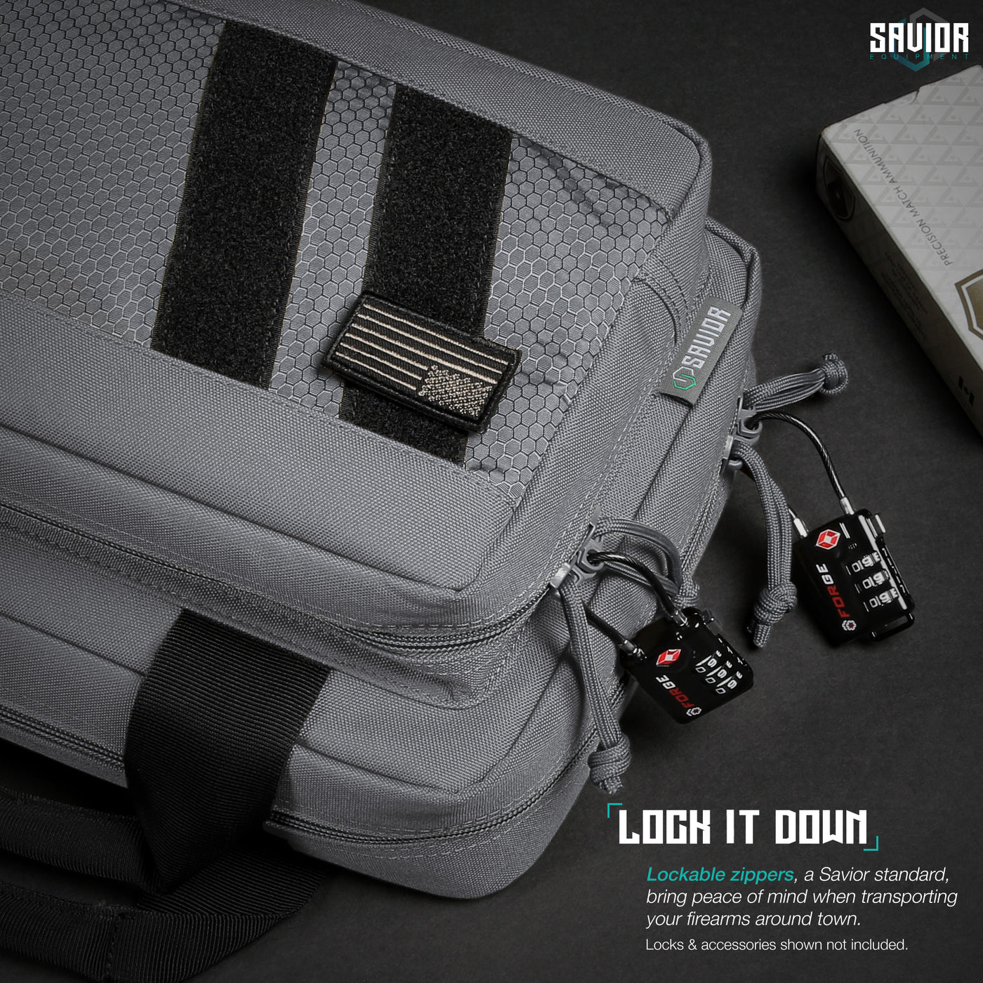 Lock It Down - Lockable zippers, a Savior standard, bring peace of mind when transporting your firearms around town. Firearms & accessories shown not included.#color_sw-gray