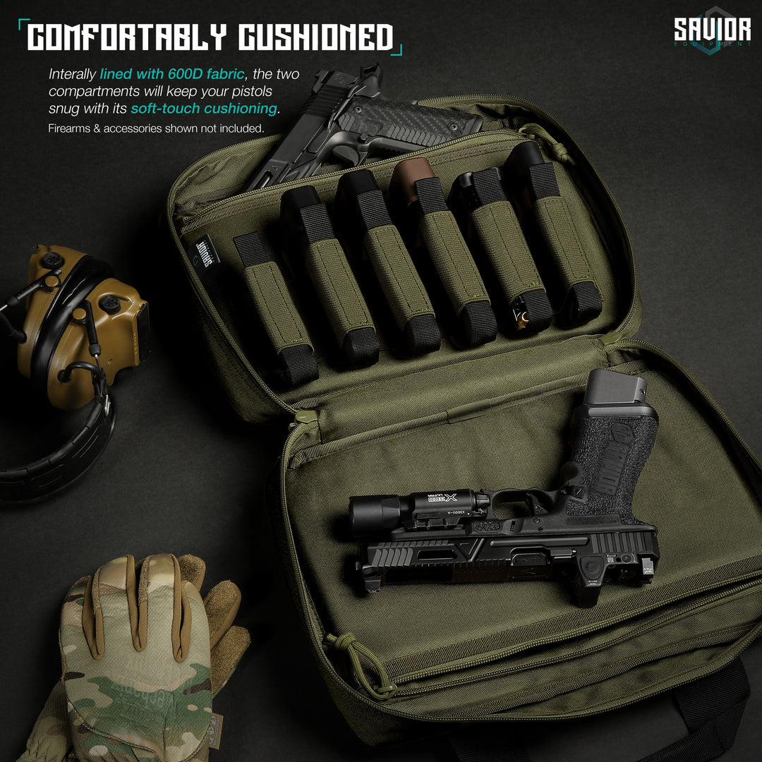 Comfortably Designed - Internally lined with 600D fabric, the two compartments will keep your pistols snug with its soft-touch cushioning. Firearms & accessories shown not included.#color_od-green