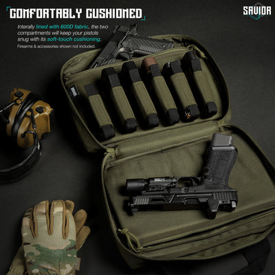 Comfortably Designed - Interally lined with 600D fabric, the two compartments will keep your pistols snug with its soft-touch cushioning. Firearms & accessories shown not included.