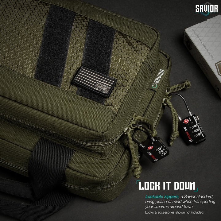 Lock It Down - Lockable zippers, a Savior standard, bring peace of mind when transporting your firearms around town. Firearms & accessories shown not included.#color_od-green