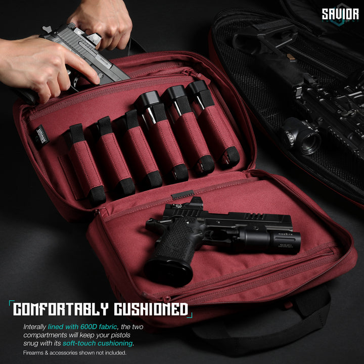 Comfortably Designed - Internally lined with 600D fabric, the two compartments will keep your pistols snug with its soft-touch cushioning. Firearms & accessories shown not included.#color_sedona-red