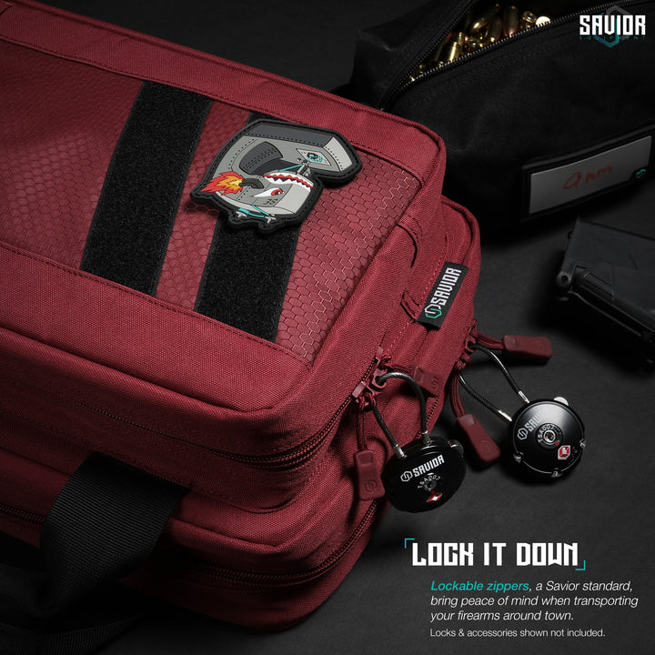 Lock It Down - Lockable zippers, a Savior standard, bring peace of mind when transporting your firearms around town. Firearms & accessories shown not included.#color_sedona-red