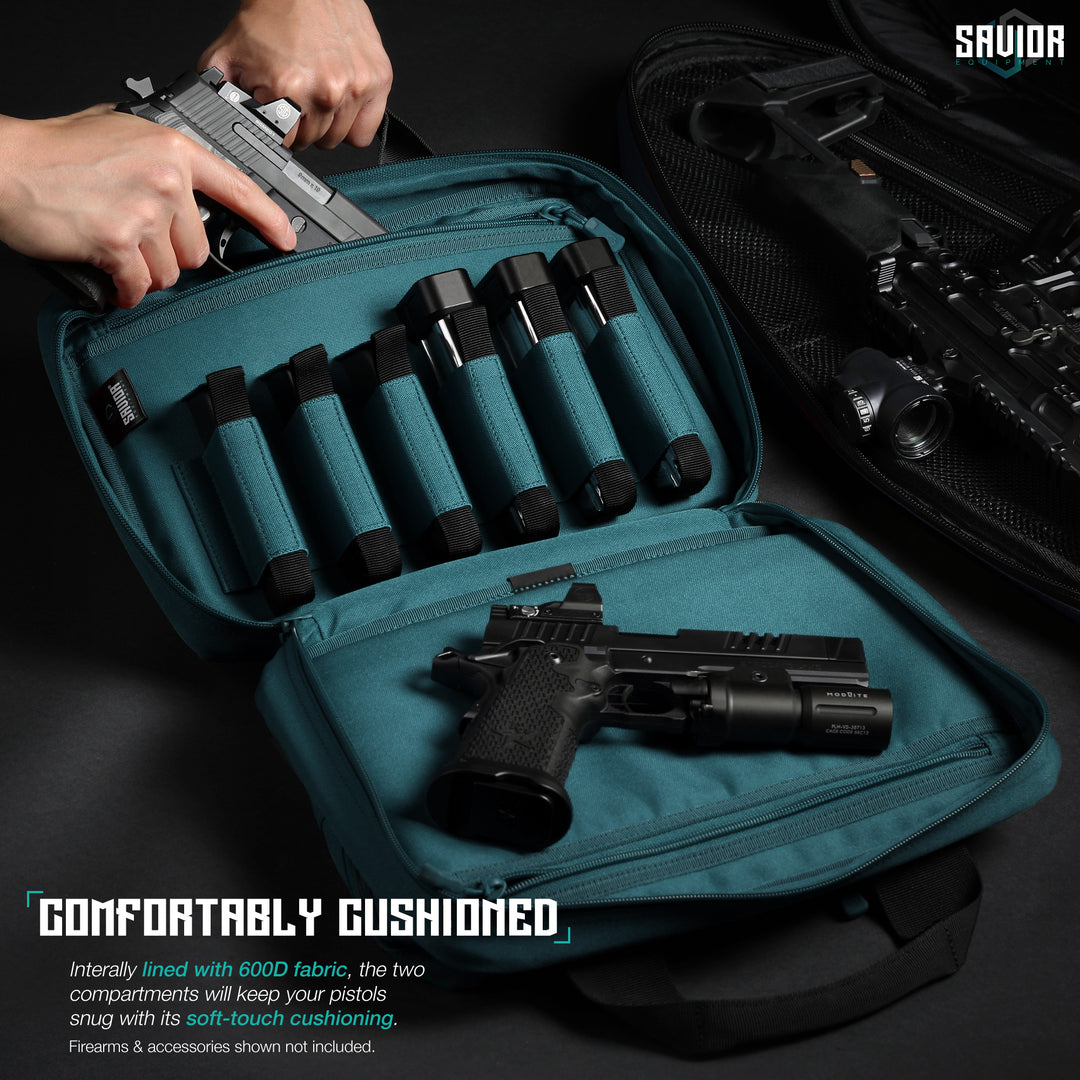 Comfortably Designed - Internally lined with 600D fabric, the two compartments will keep your pistols snug with its soft-touch cushioning. Firearms & accessories shown not included.#color_savior-teal