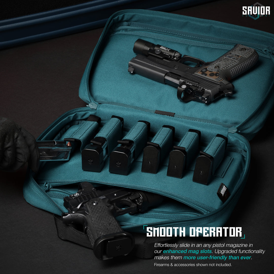 Smooth Operator - Effortlessly slide in an any pistol magazine in our enhanced mag slots. Upgraded functionality makes them more user-friendly than ever. Firearms & accessories shown not included.#color_savior-teal