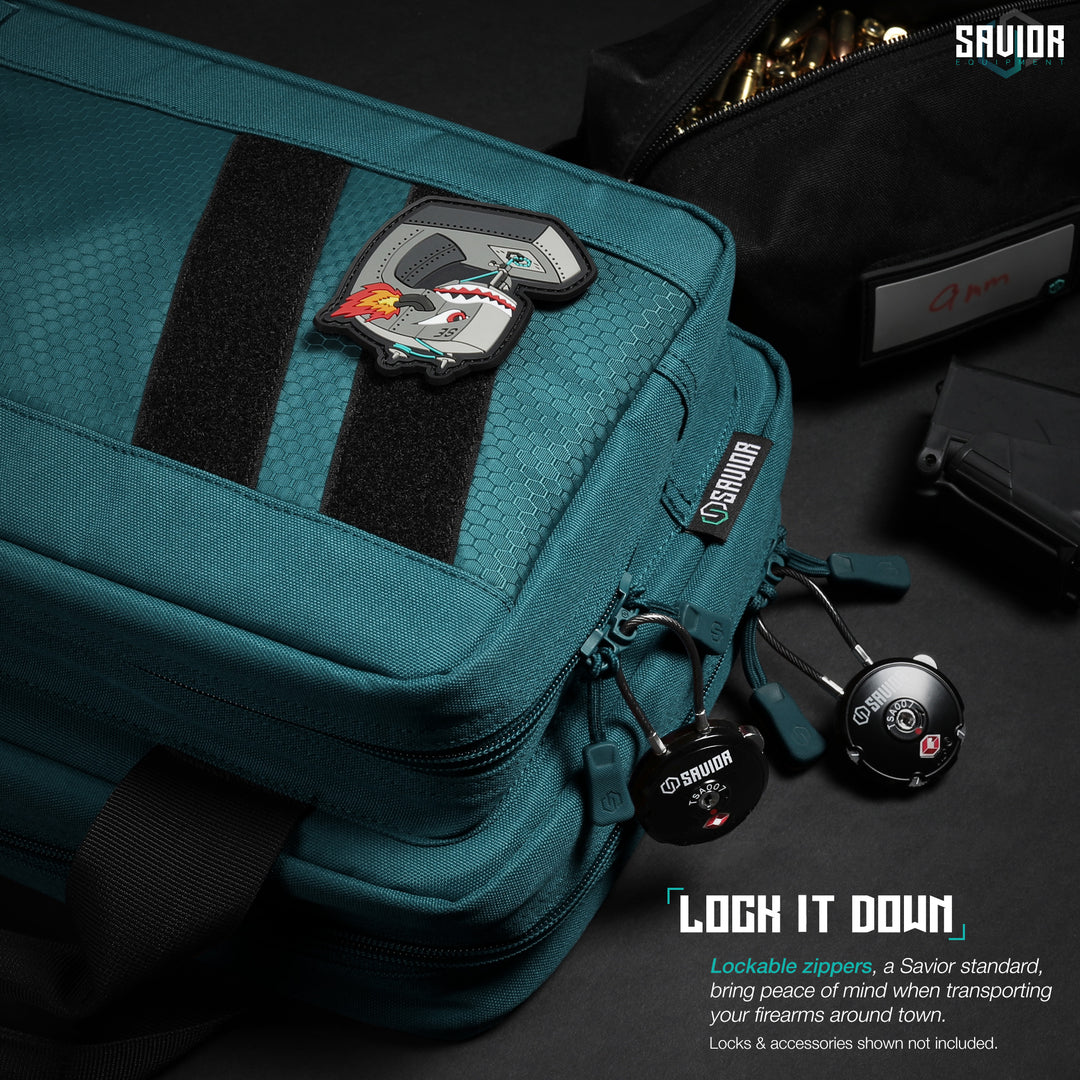 Lock It Down - Lockable zippers, a Savior standard, bring peace of mind when transporting your firearms around town. Firearms & accessories shown not included.#color_savior-teal