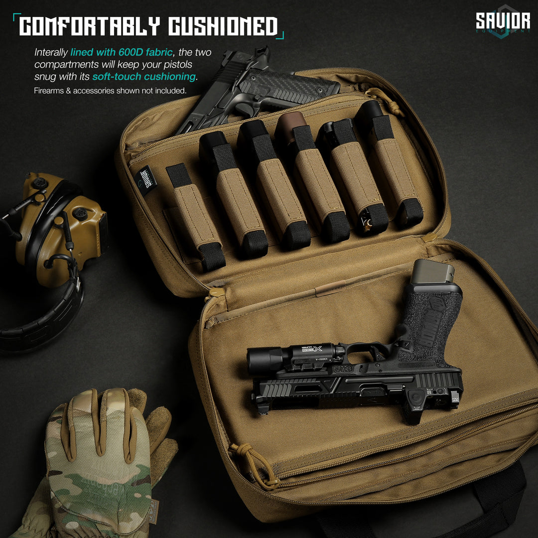 Comfortably Designed - Internally lined with 600D fabric, the two compartments will keep your pistols snug with its soft-touch cushioning. Firearms & accessories shown not included.#color_dark-fde