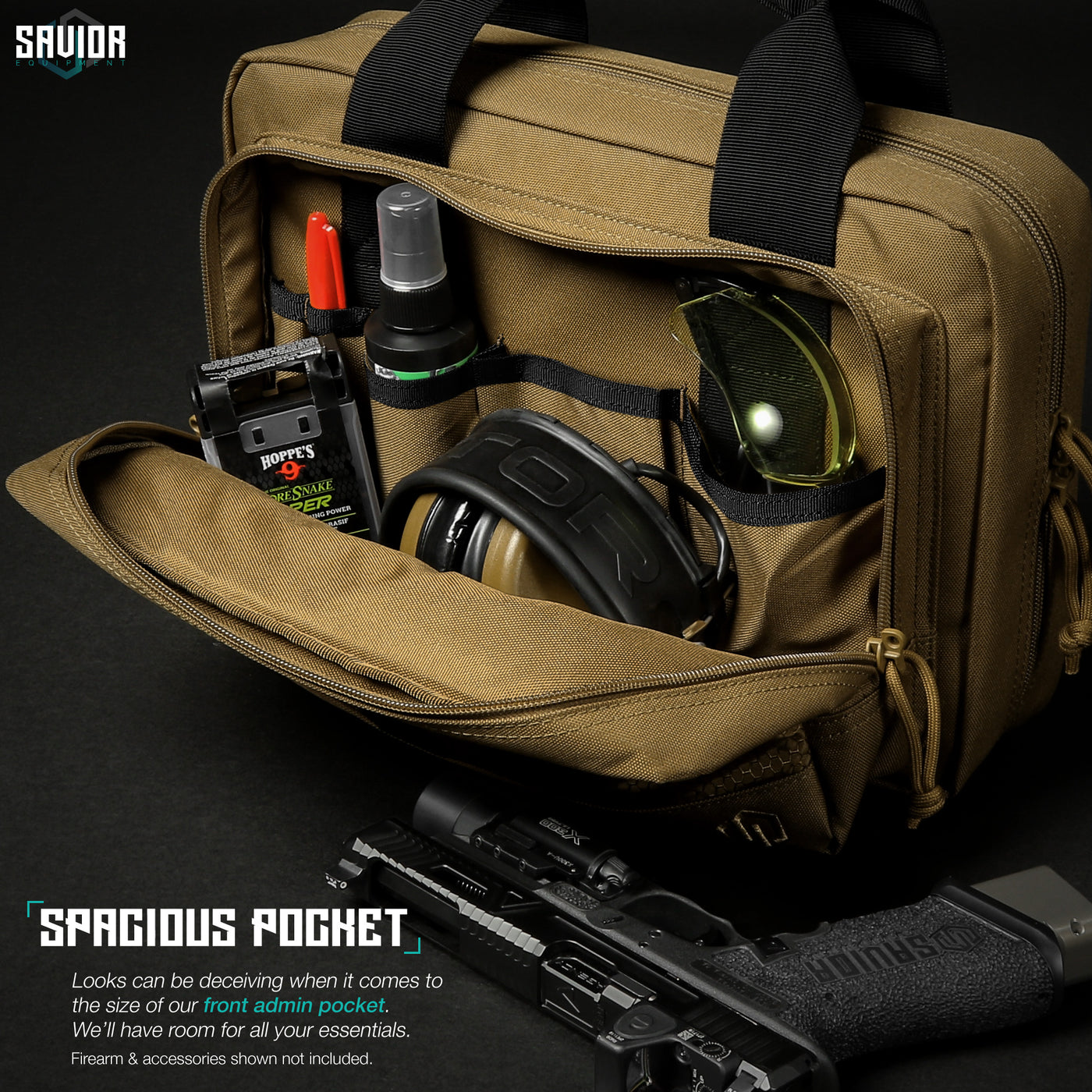 Spacious Pocket - Looks can be deceiving when it comes to the size of our front admin pocket. We'll have room for all your essentials. Firearms & accessories shown not included.#color_dark-fde
