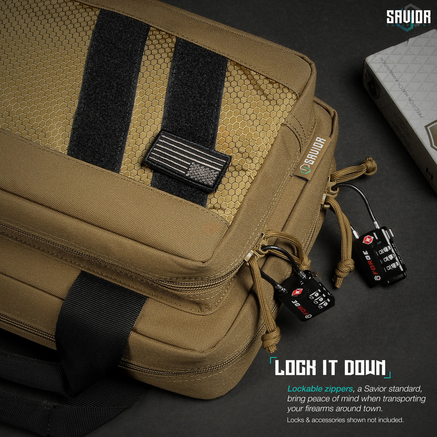 Lock It Down - Lockable zippers, a Savior standard, bring peace of mind when transporting your firearms around town. Firearms & accessories shown not included.